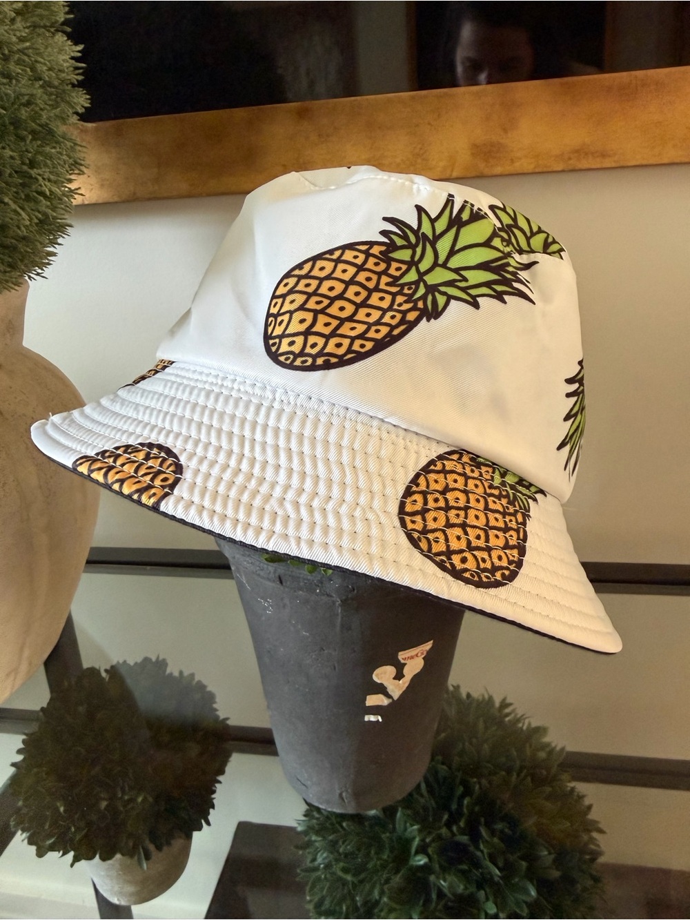 White Pineapple Print Bucket Hat